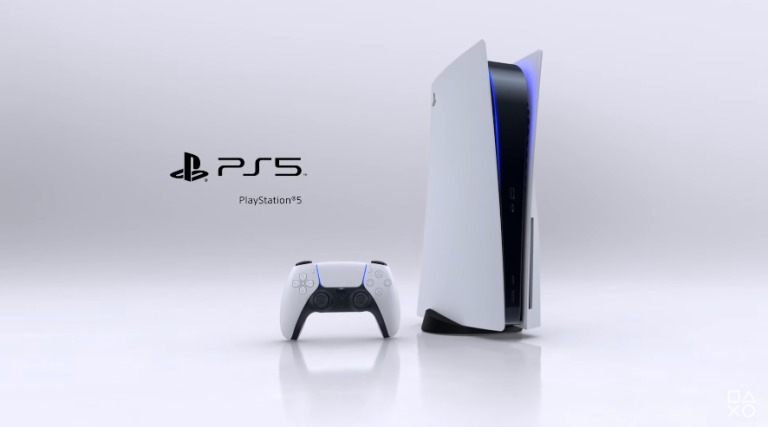 Futuristic looking Playstation 5 console and controller with black and white style,  flared and curved edges, and blue light highlighting the console along with the black and white Dual Sense controller.