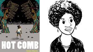 Book Cover: A young African American girl walking in between two statues of African American Women with black combs against a starry night sky.  The ground is gray and goes into the horizon.  
A drawing of the author is next to the book cover.  Black and White art of an African American woman with thick curly hair, earrings, necklace, and a dark top staring off to the side.